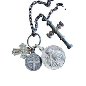 Spiritual Catholic Saint Medallions Charm Necklace Devotional Rustic Chain 27"